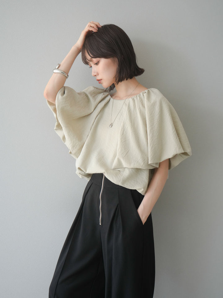 [SET] 燈籠袖褶襉設計上衣 + 拉鍊褶襉寬褲 (2 套)