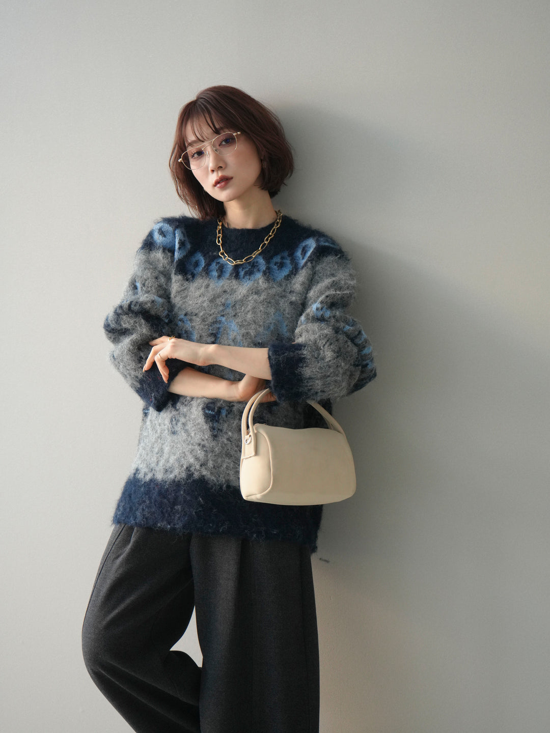 [予約]シャギーニュアンス柄ニットプルオーバー/gray