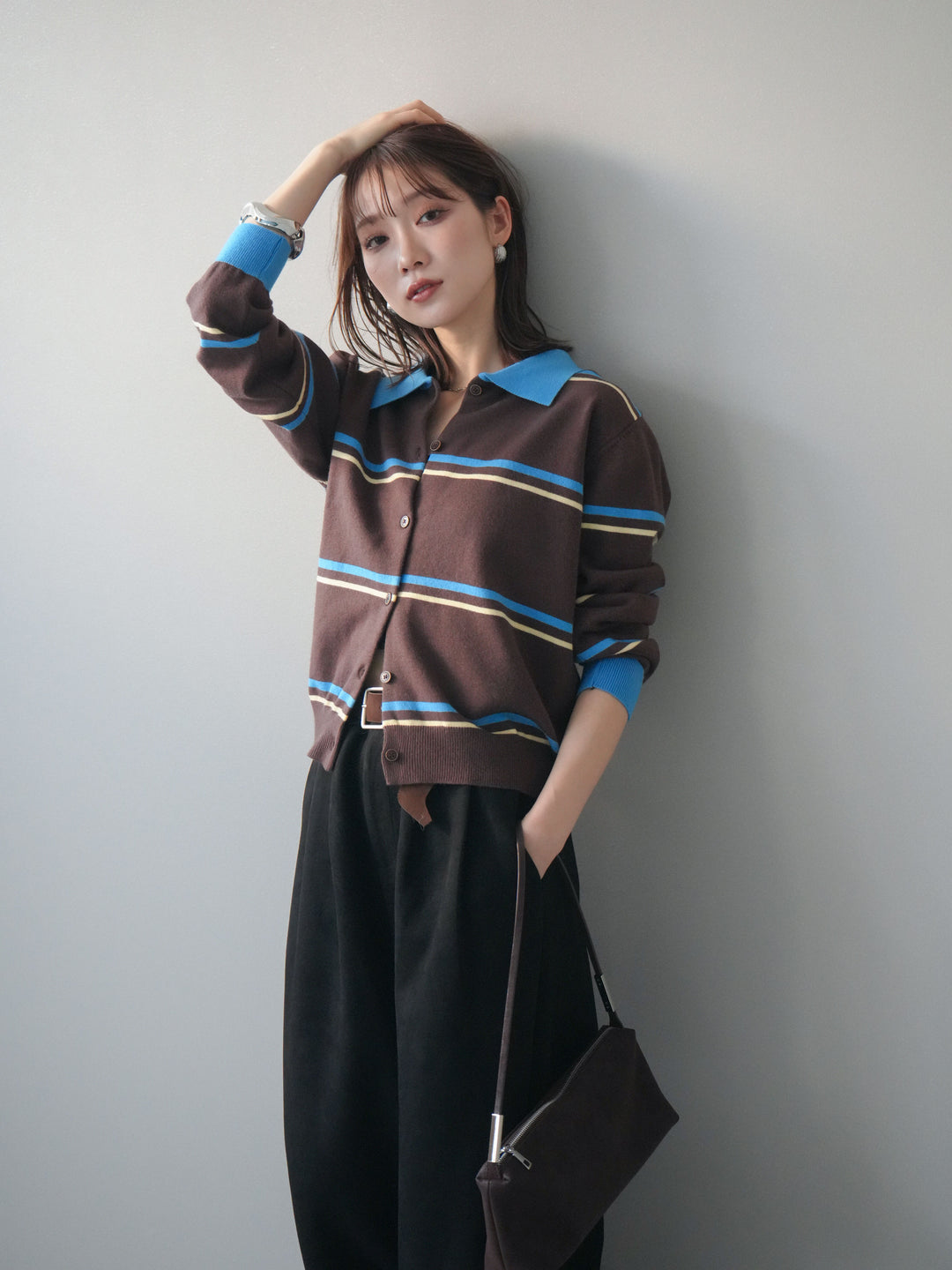 [予約]配色マルチボーダーポロニットカーディガン/brown
