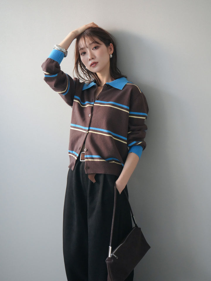 [予約]配色マルチボーダーポロニットカーディガン/brown