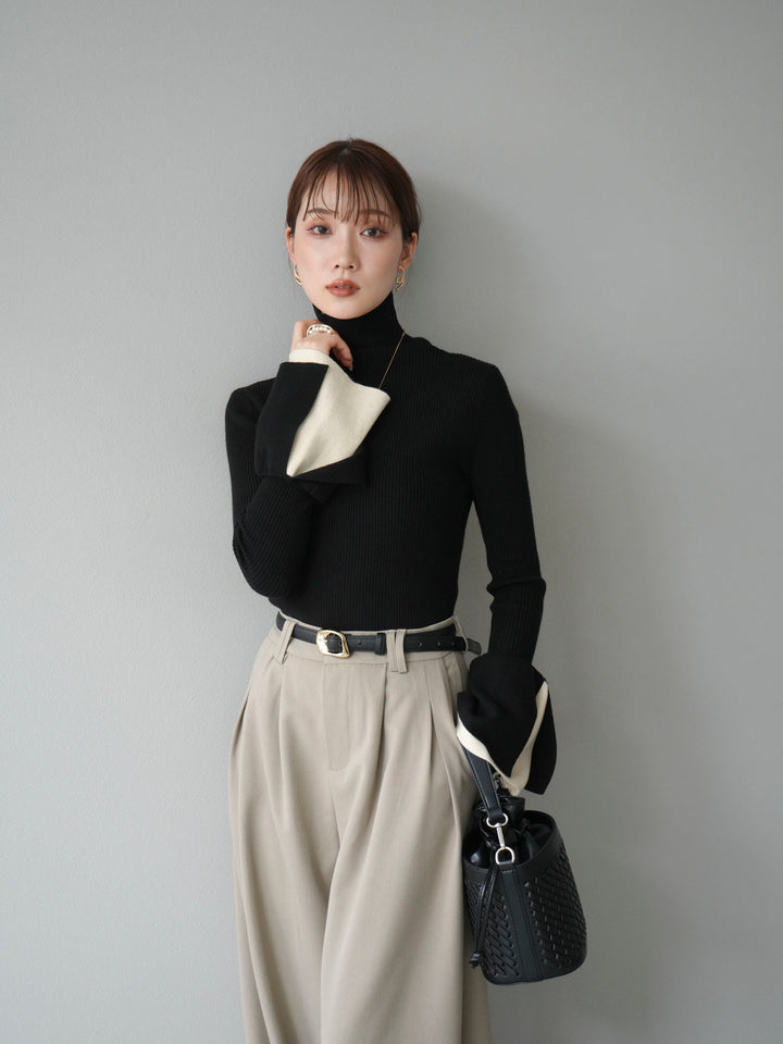[SET] 疊層喇叭袖高領針織上衣 + 雙褶寬褲 (2 套)
