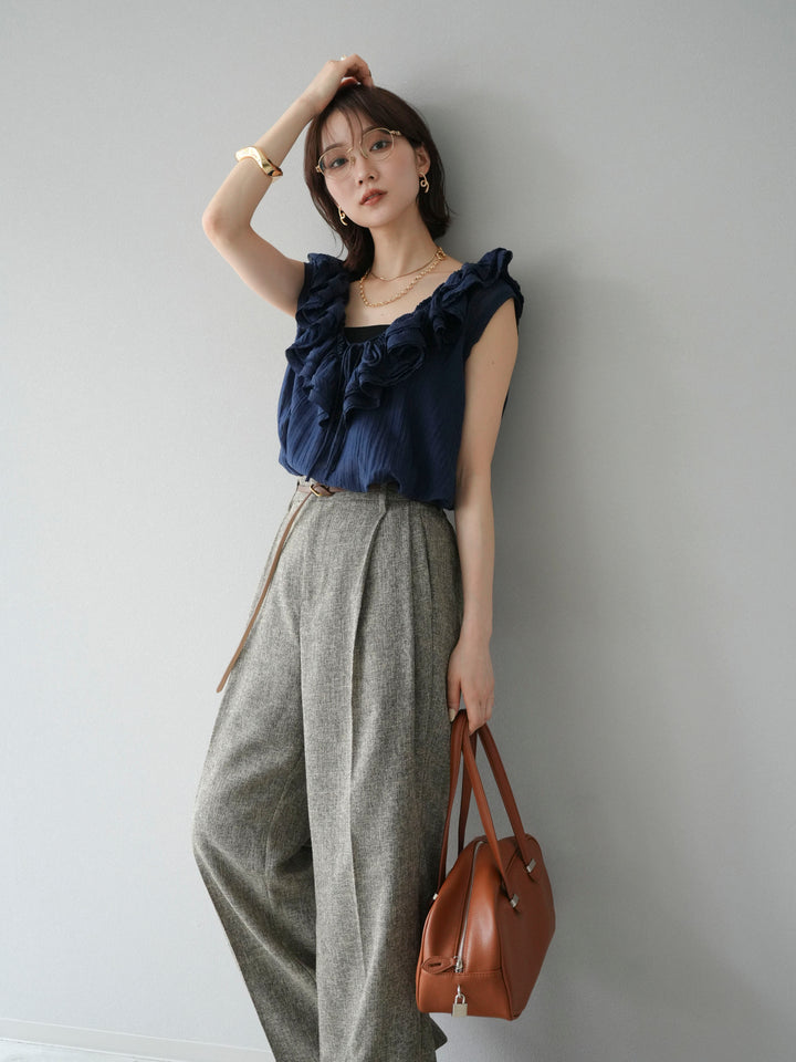 [予約]ワッシャーラッフルノースリーブブラウス/ネイビー