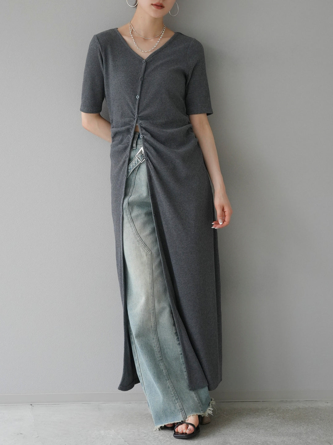 [Pre-order] Shirred cut ribbed long cardigan/gray