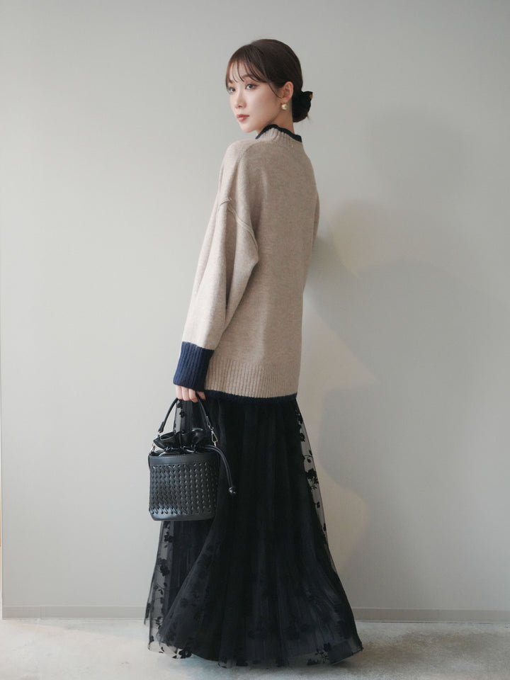 [SET]配色ハイネックニットプルオーバー+フラワーフロッキーチュールプリーツスカート(2set)
