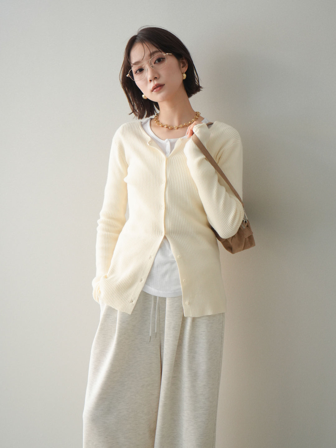 [予約]前後2WAYリブ編みクルーネックカーディガン/ivory