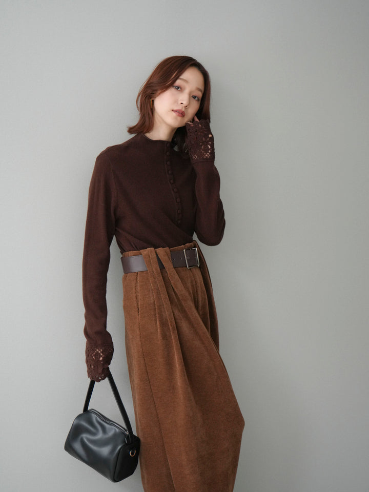 [SET]袖スカラップレースフロントボタンウールニットトップス+ベルトデザインループコールテンワイドパンツ(ベルト付き)(2set)