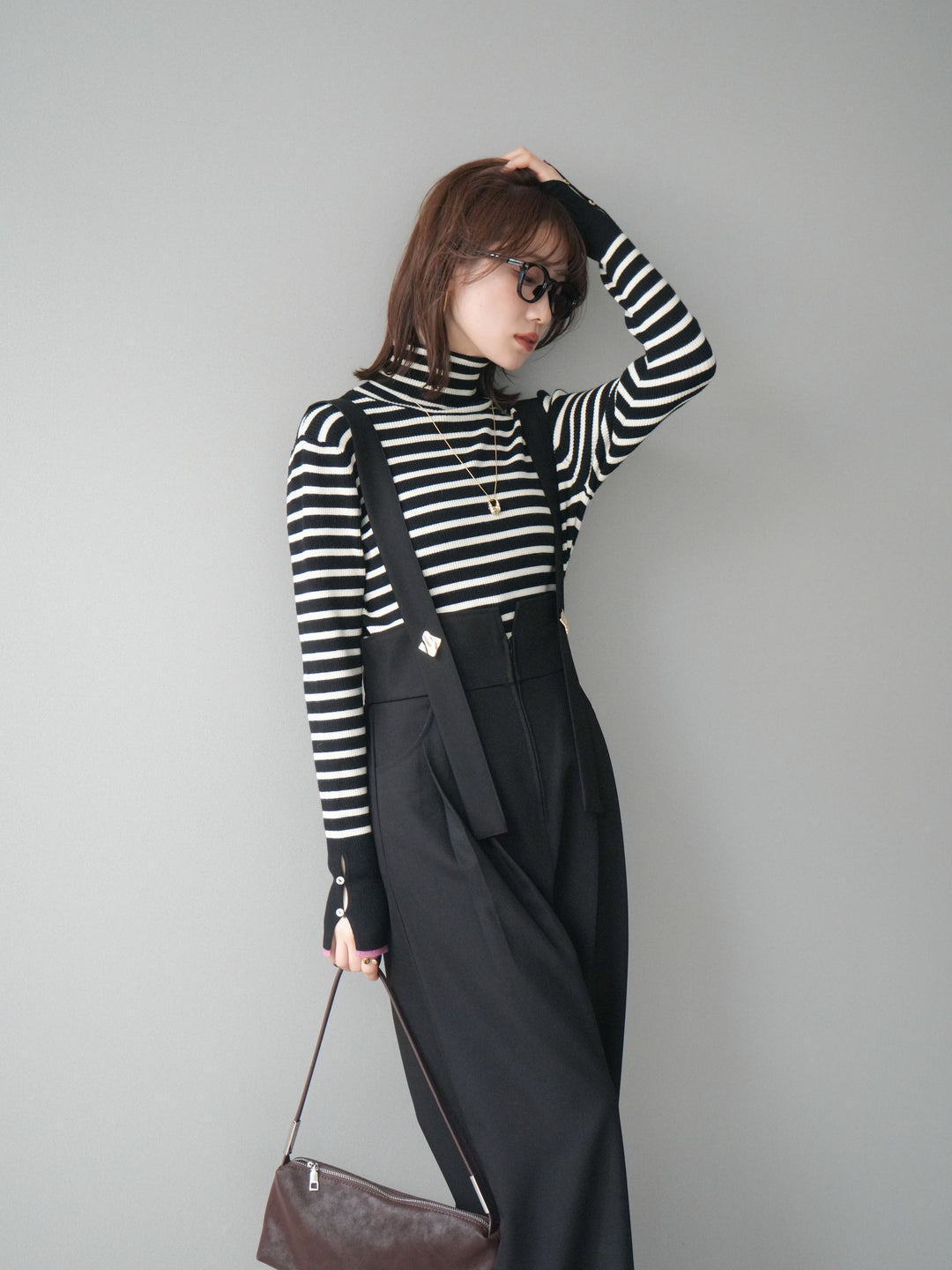 [予約]袖配色ハイネックボーダーリブニットトップス/blackborderpink