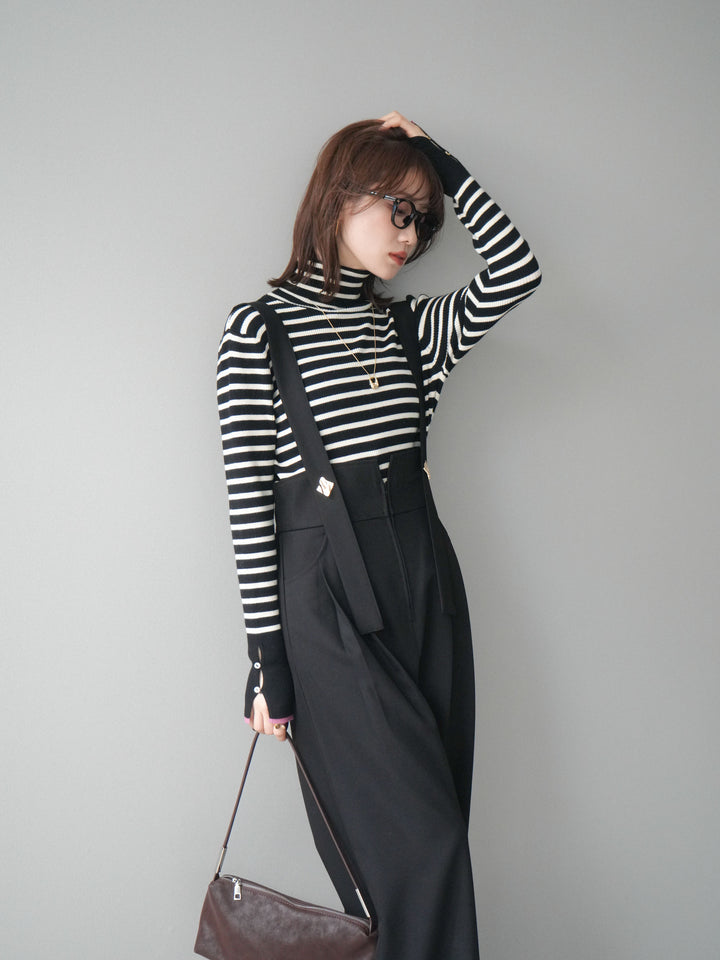 [予約]袖配色ハイネックボーダーリブニットトップス/blackborderpink