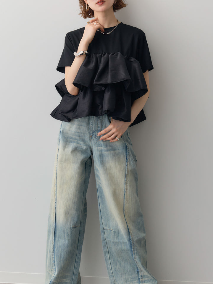 [SET]フリルティアードTEE+縦ウォッシュワイドデニムパンツ(2set)