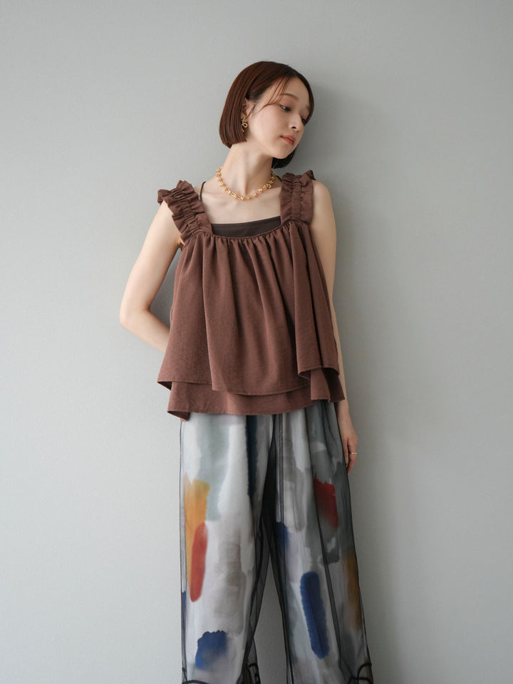 [SET] 縮肩喇叭背心 + 水彩藝術休閒褲 + 繩繡薄紗疊穿褲 (3 件套)