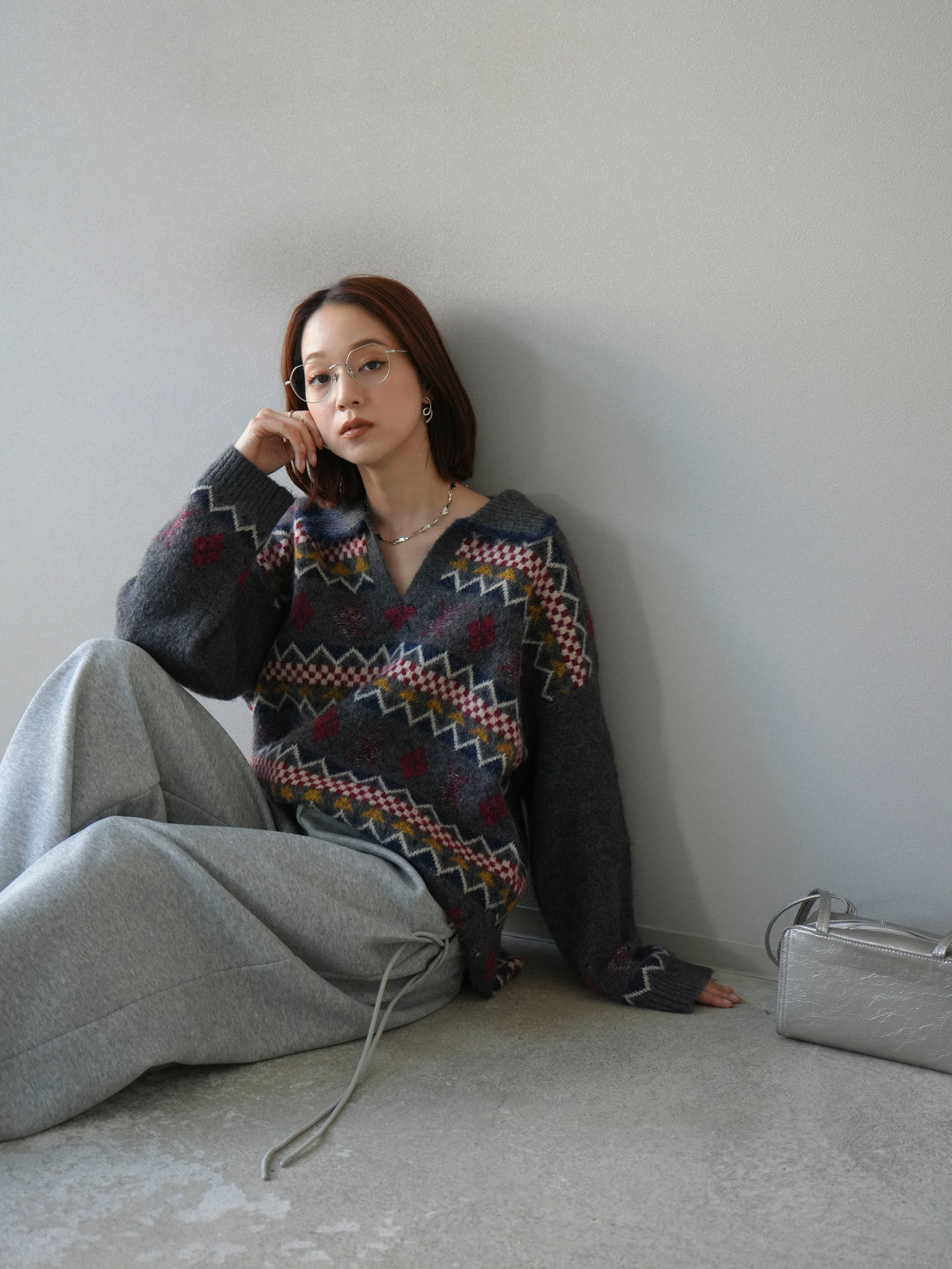 [予約]ノルディック柄ポロニットプルオーバー/チャコール