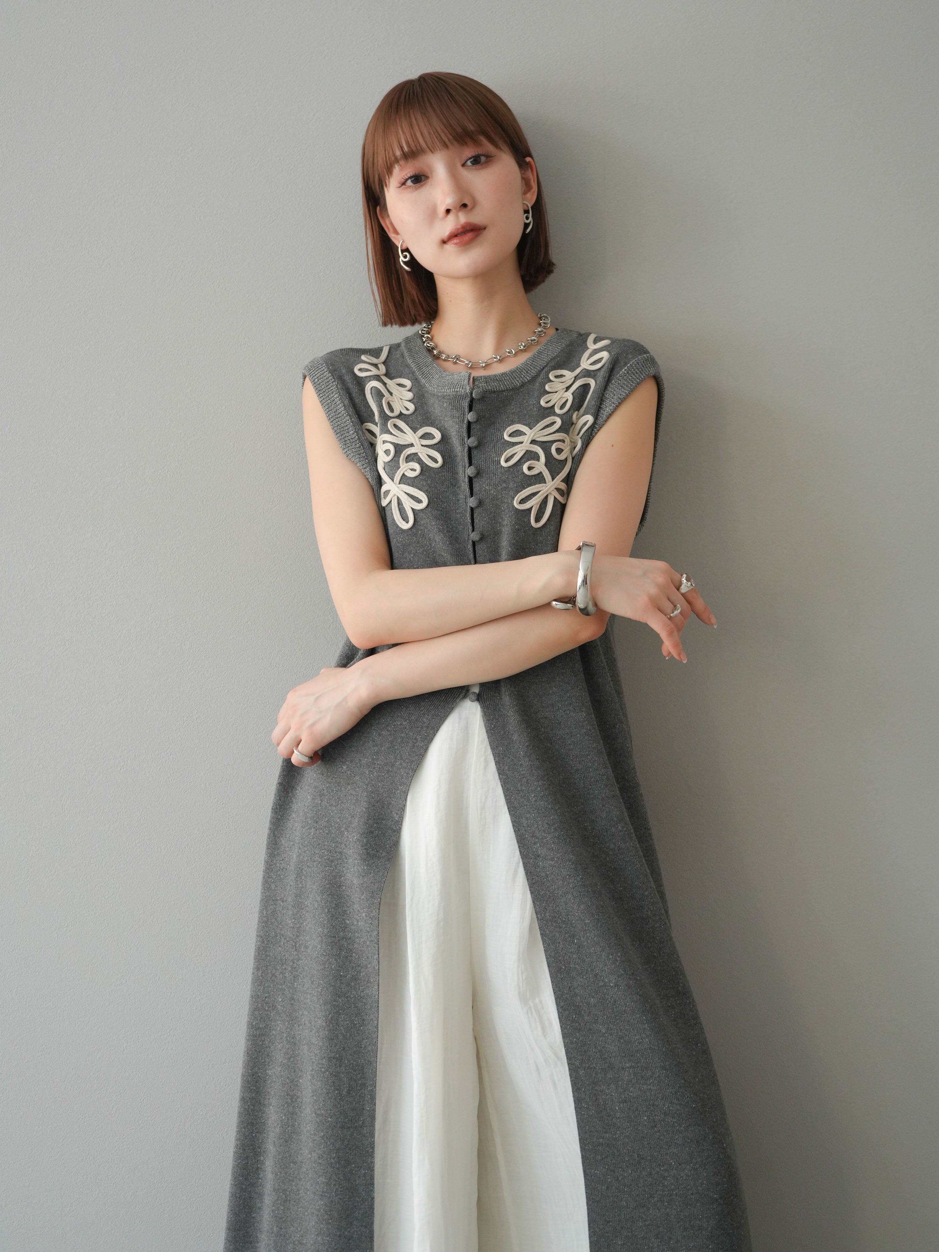 45R シルクとニットのワンピース センターライン ニットワンピース ロング[品番：LGMW0004686