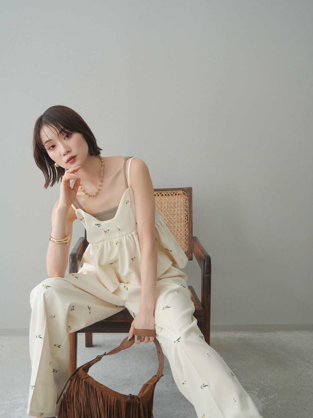 [SET]フラワー刺繍ビスチェ+フラワー刺繍タックパンツ(2set)