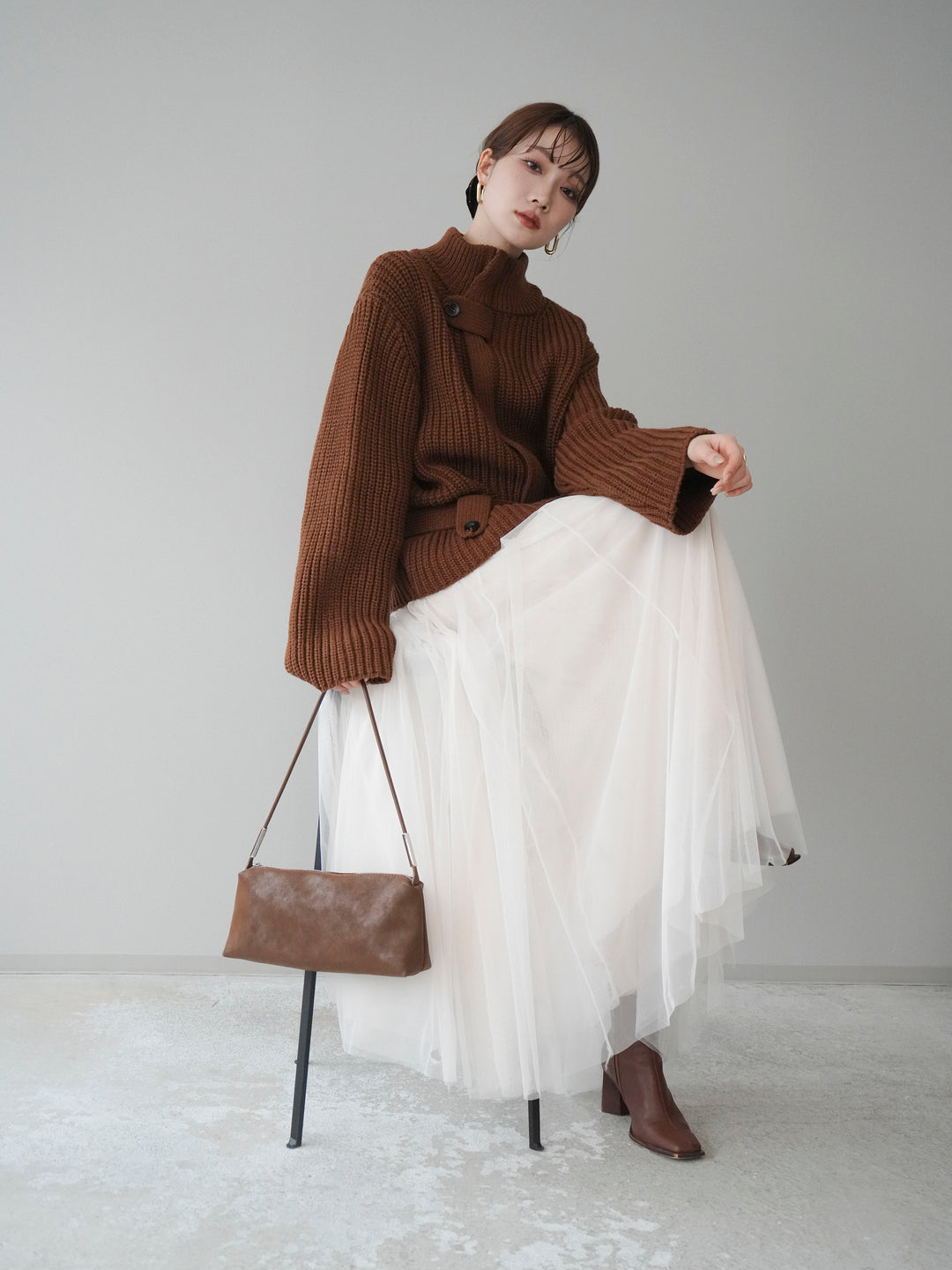 [予約]畦編みボトルネックZIPニットカーディガン/brown