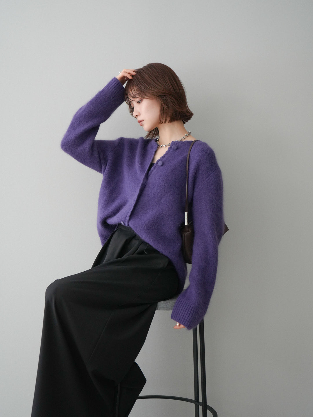 [SET]くるみボタンニットカーディガン+テープベルトタックバギーパンツ(2set)