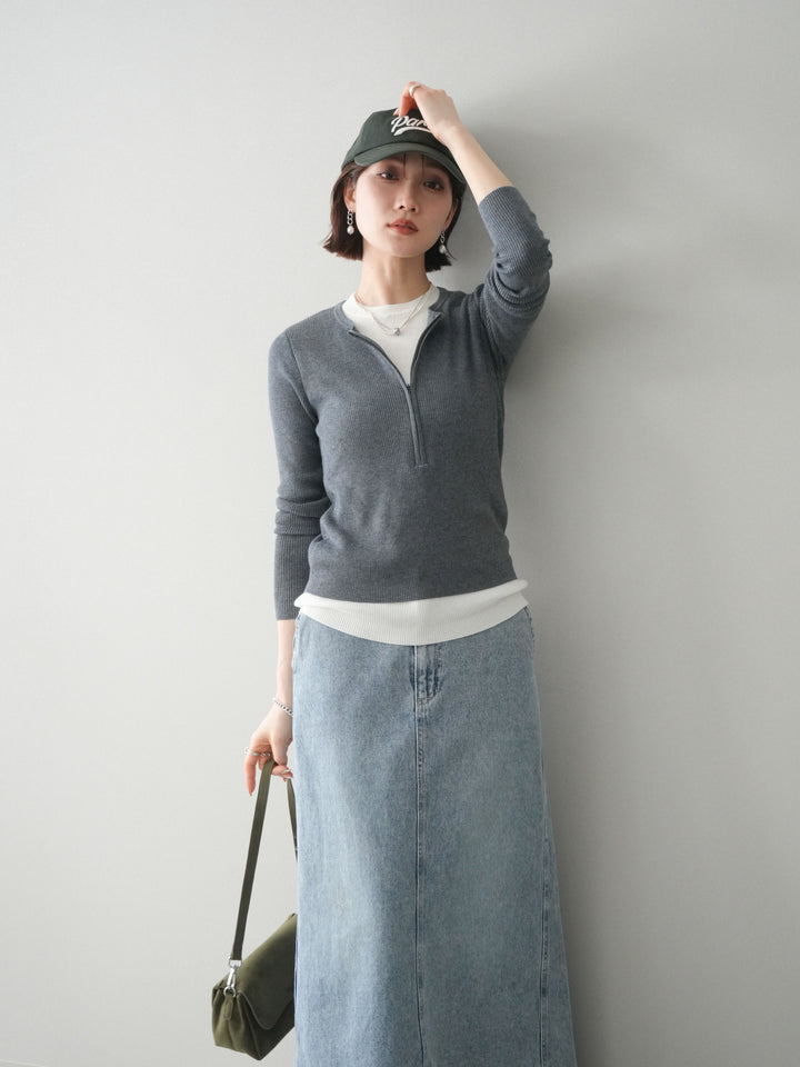 [予約]フロントジップ配色レイヤードニットトップス/gray