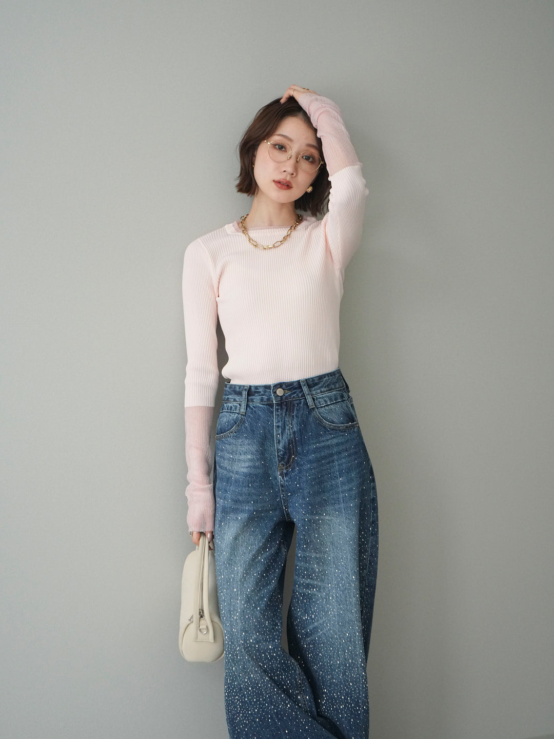 [SET]リブラメシアー切替リブニットトップス+ラインストーンカーブデニムパンツ(2set)