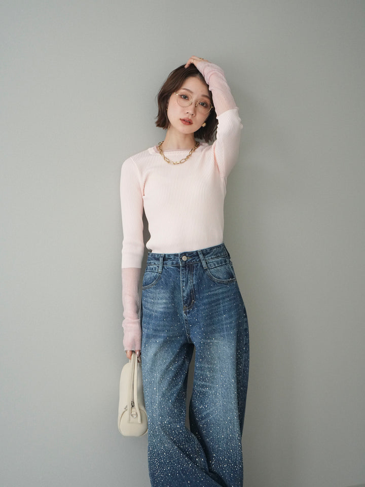 [SET]リブラメシアー切替リブニットトップス+ラインストーンカーブデニムパンツ(2set)
