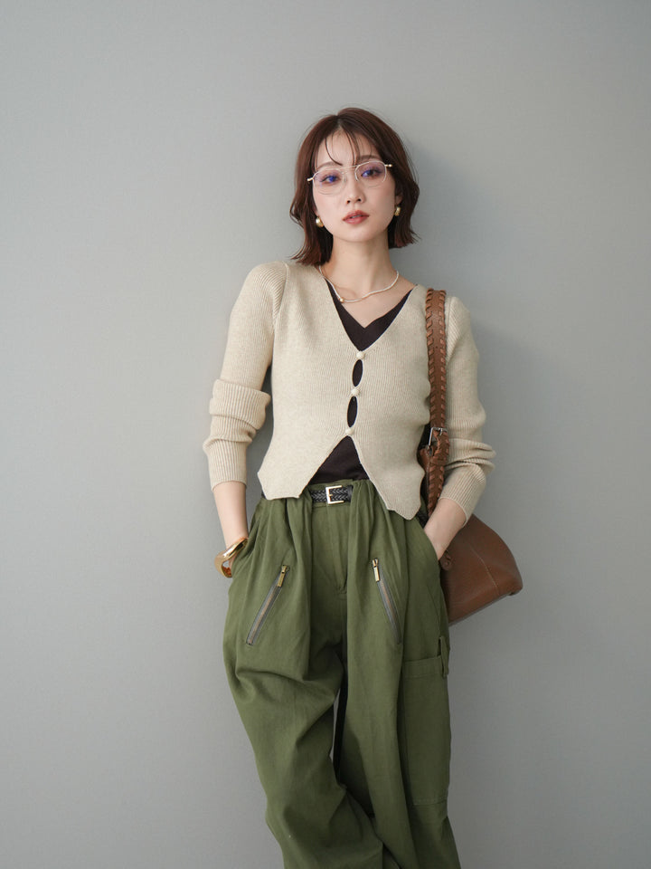 [予約]Vネック配色レイヤードスリットニットトップス/beige