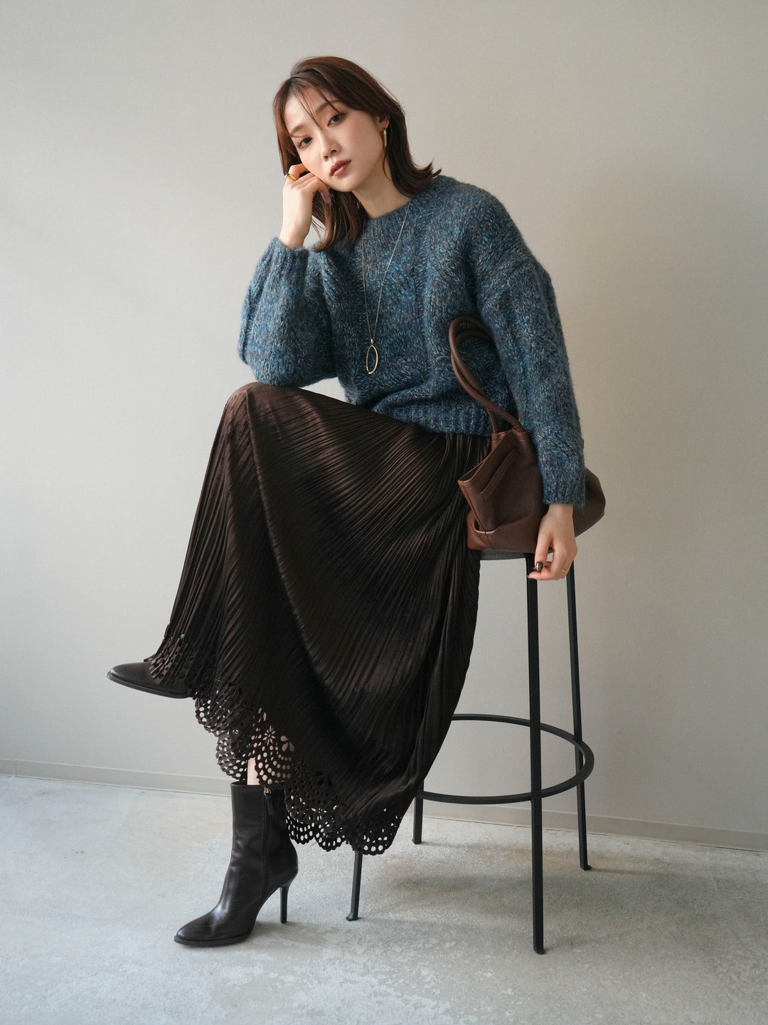 [予約]ワイドケーブルミックスニットプルオーバー/blue