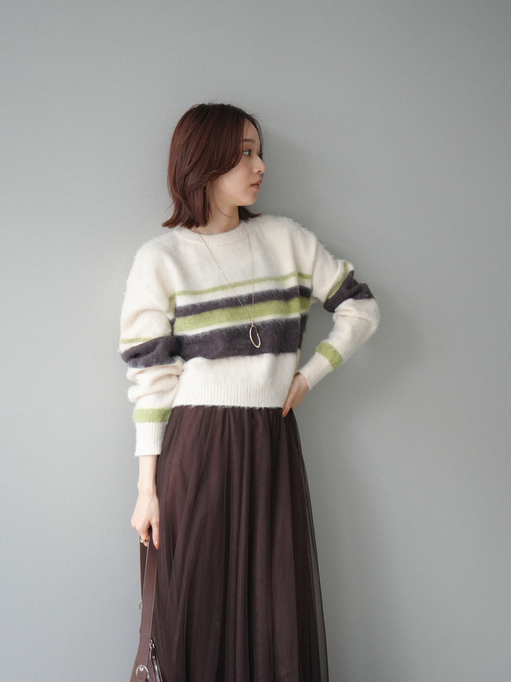 [SET]ソフトタッチボーダークロップドニットプルオーバー+チュールボリュームスカート(2set)
