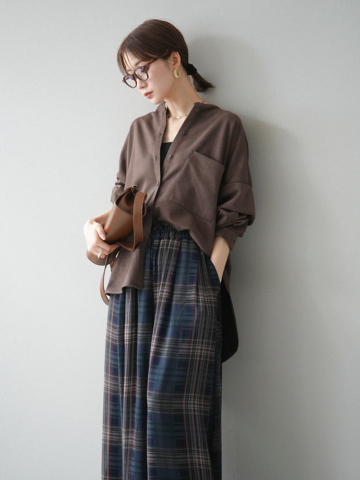 [SET]スエードバンドカラーオーバーシャツ+シアーチェックバギーパンツ(2set)