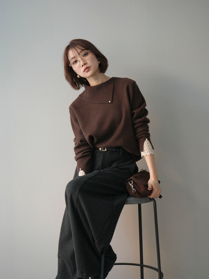 [SET]袖レースパール付き配色ニットトップス+ウールタッチカーブパンツ(2set)