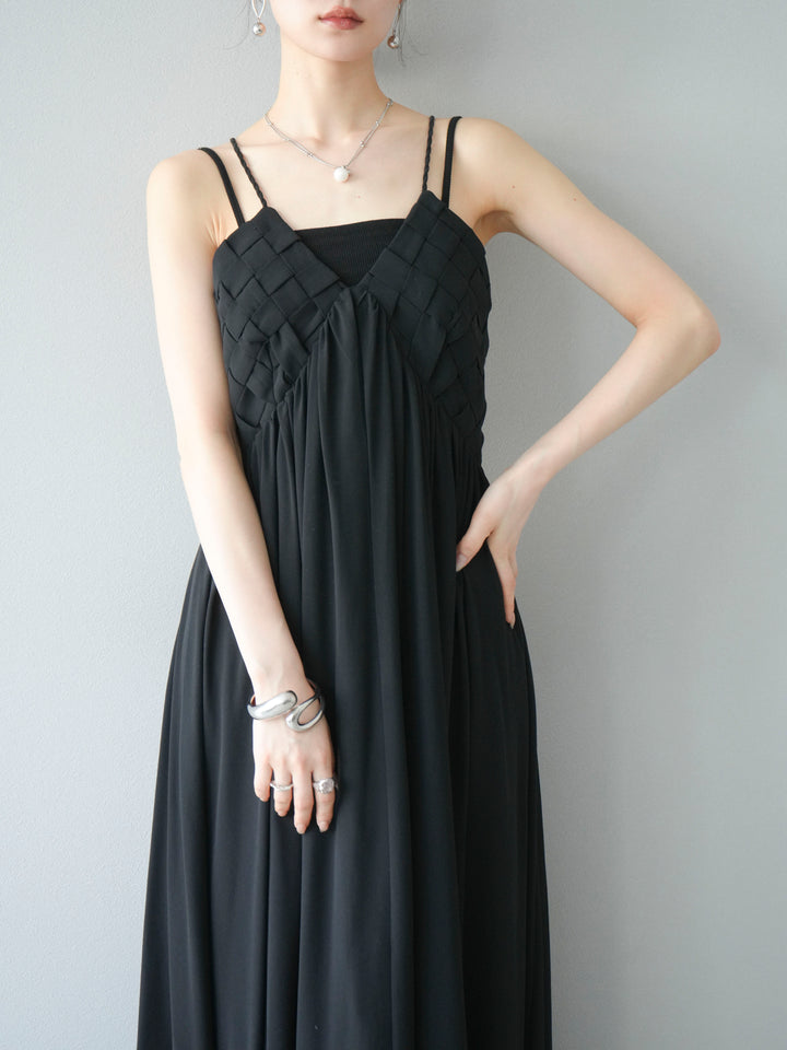 [SET]編み込みデザインシフォンワンピース+カップ付テレコリブベアキャミソール(2set)