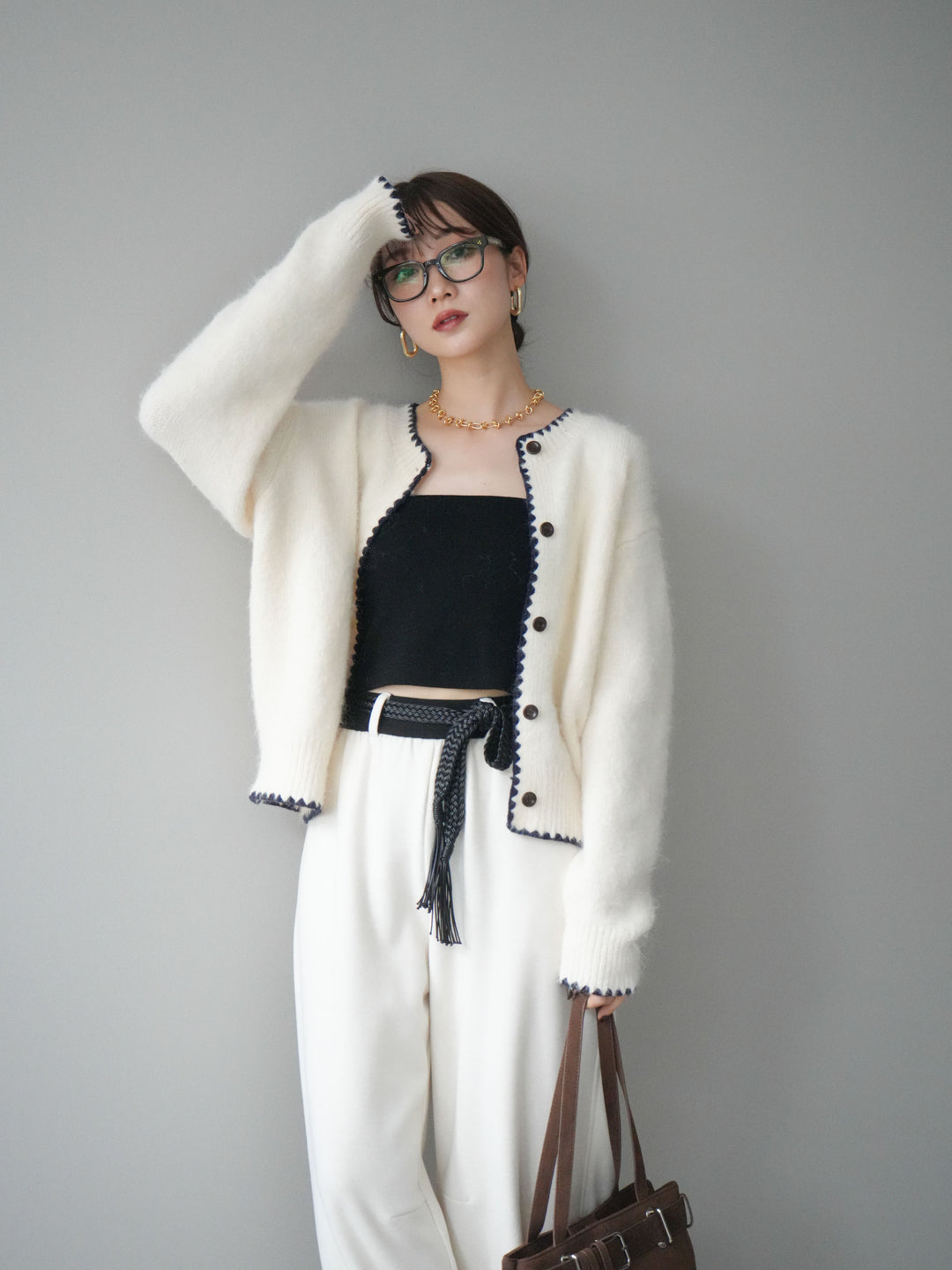 [予約]三角ステッチニットカーディガン/white