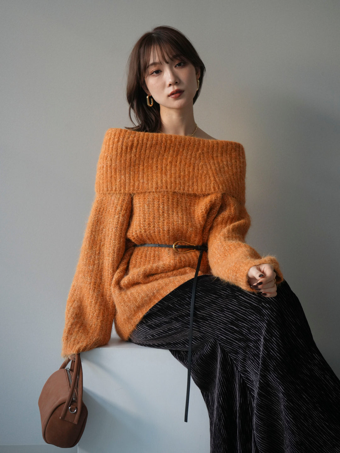 [予約]オフショルミックスニットプルオーバー/orange