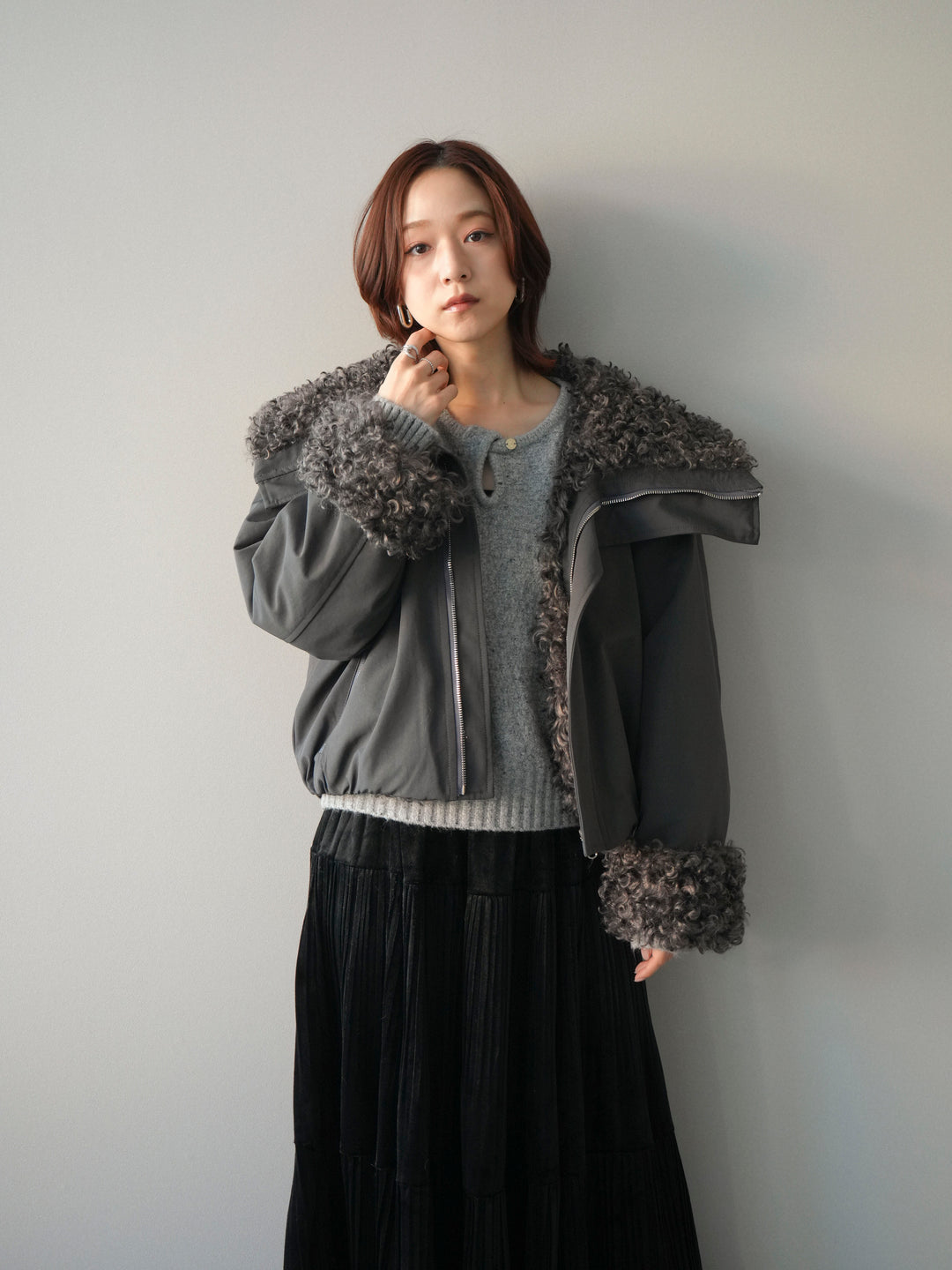 [SET]プードルファーダウンジャケット+ベロアティアードワッシャースカート(2set)