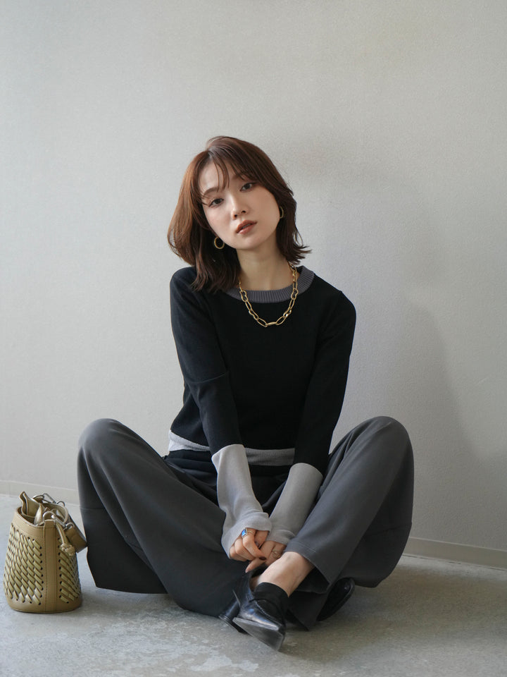 [予約]異素材配色デザインニットトップス/ブラック