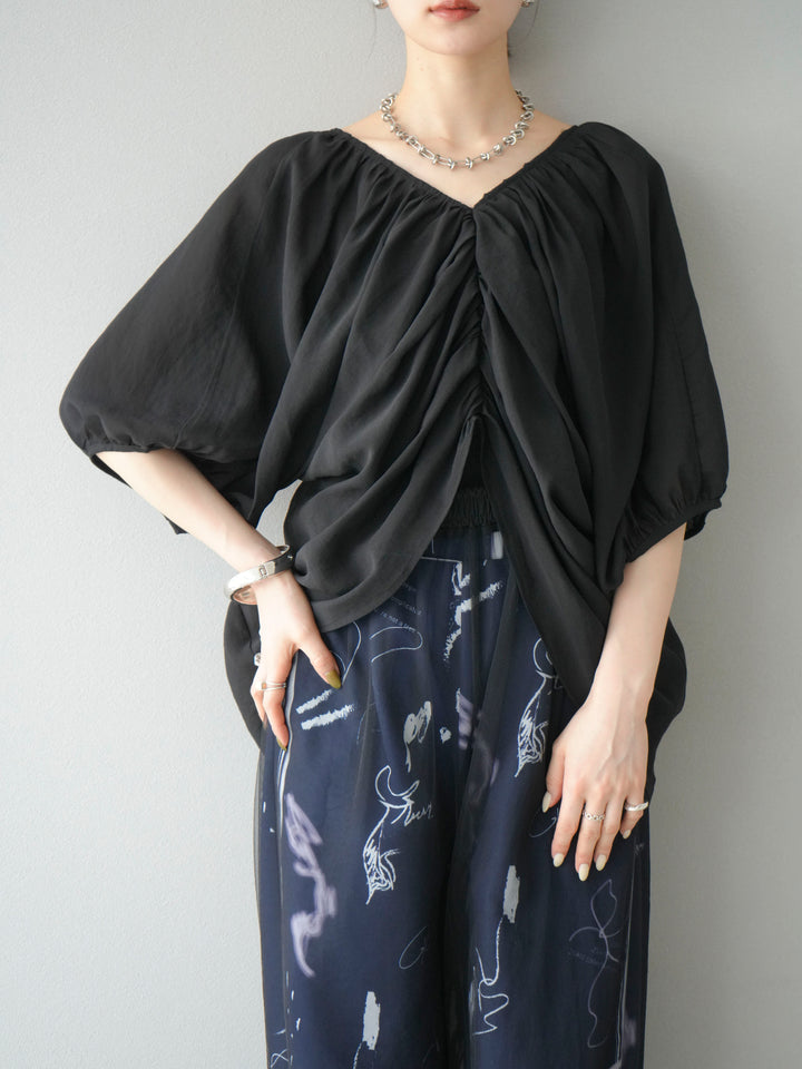 [SET]ボリュームスリーブシアータックブラウス+コード刺繍チュールレイヤードパンツ(2set)