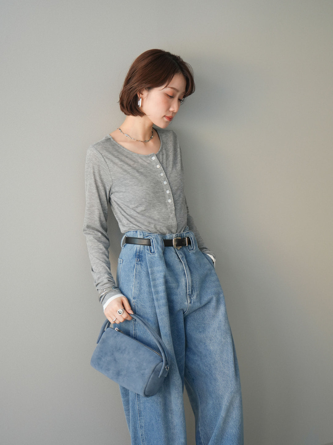 [予約]シアーリブバイカラーカーディガン/gray