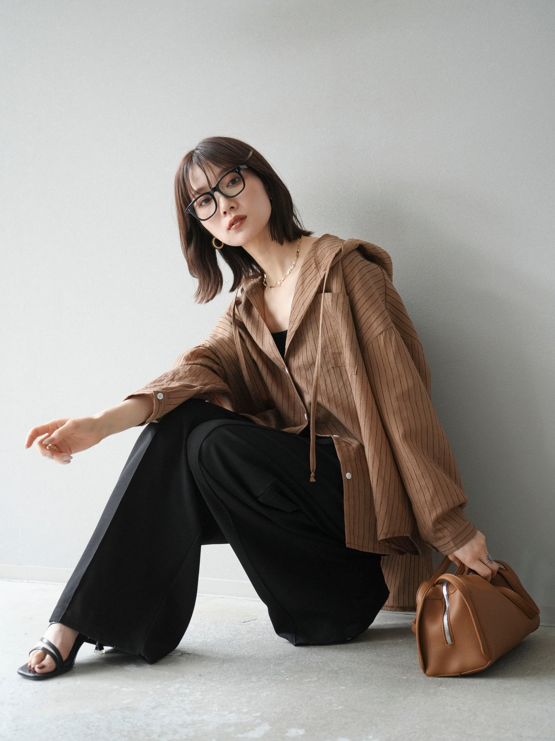 [予約]ワッシャーストライプフーディーシャツ/ブラウン