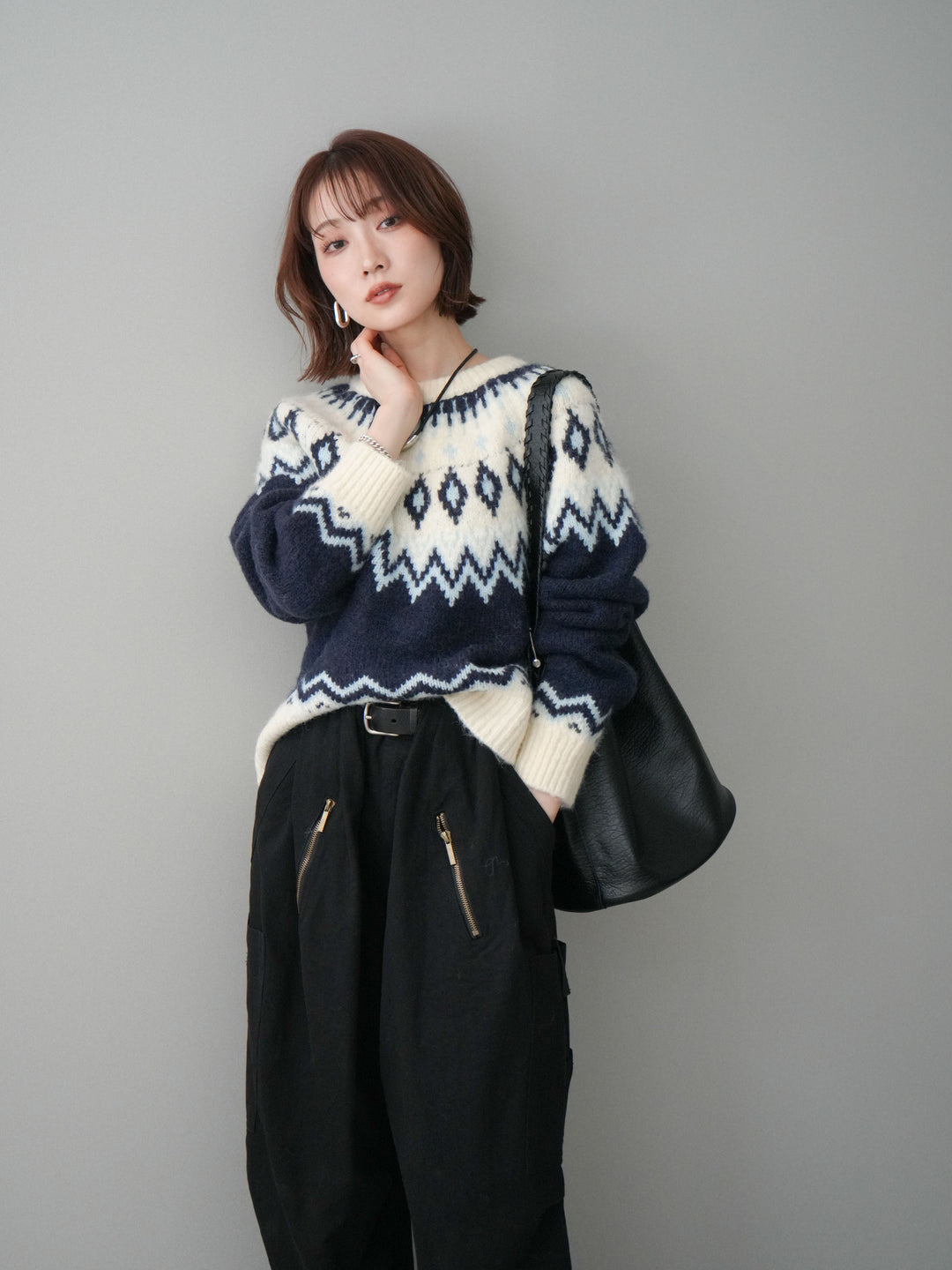 [予約]ノルディック柄ニットプルオーバー/navy