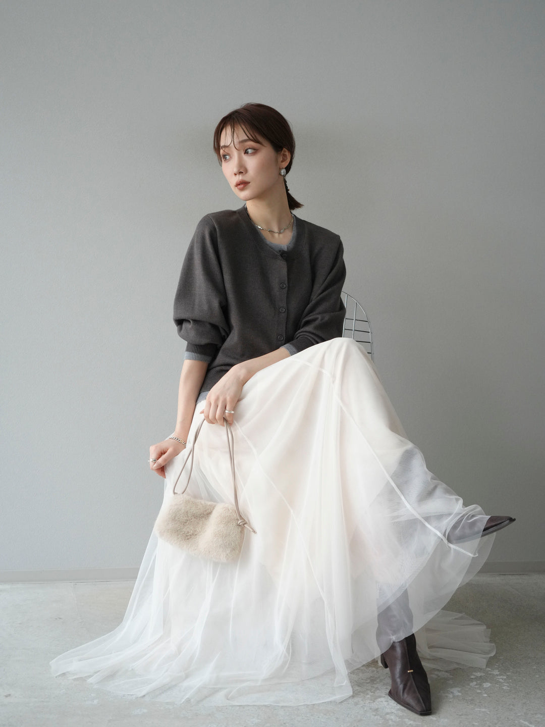 [SET]配色レイヤードカーディガン+チュールボリュームスカート(2set)