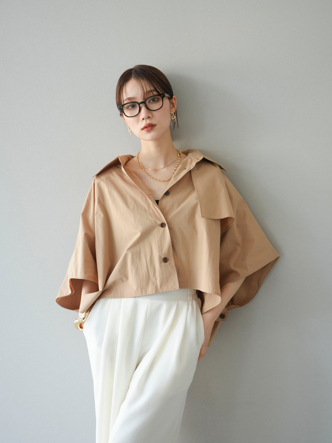 [SET]ポンチョショートシャツ+リネンライクイージーワイドパンツ(2set)