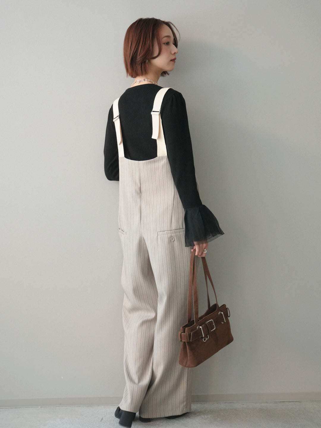 [予約]グログランテープストライプサロペット/greige