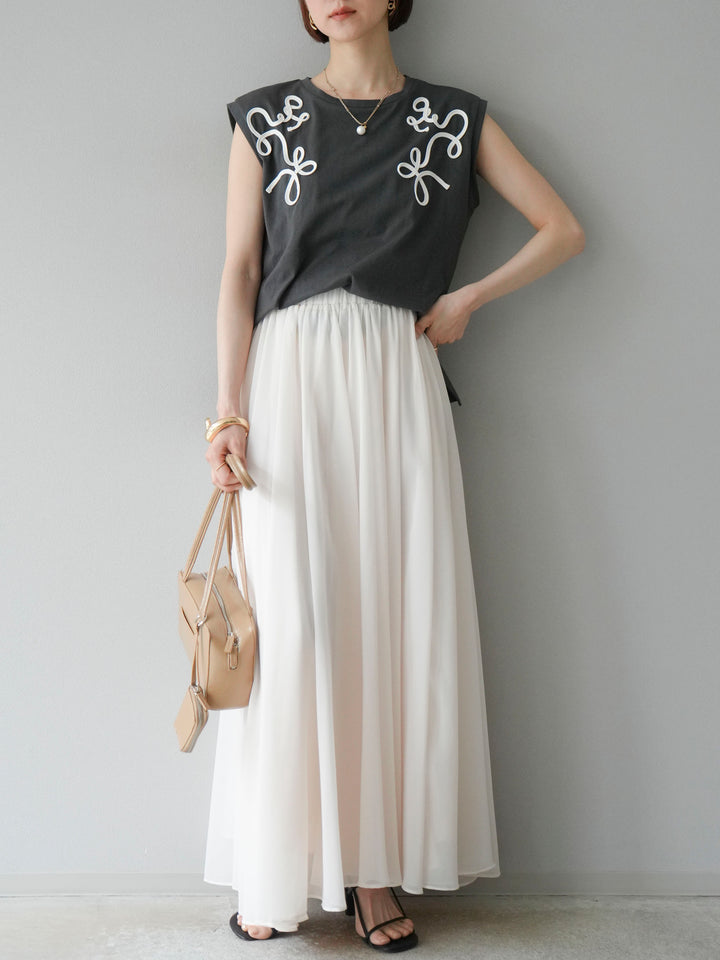[SET] 繩繡法式袖T卹+雪紡喇叭裙（2件組）