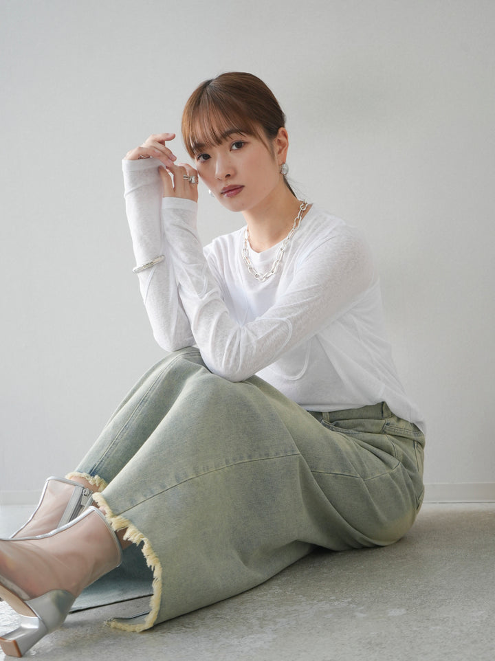 【預購】繩繡透視長袖T卹/米白色