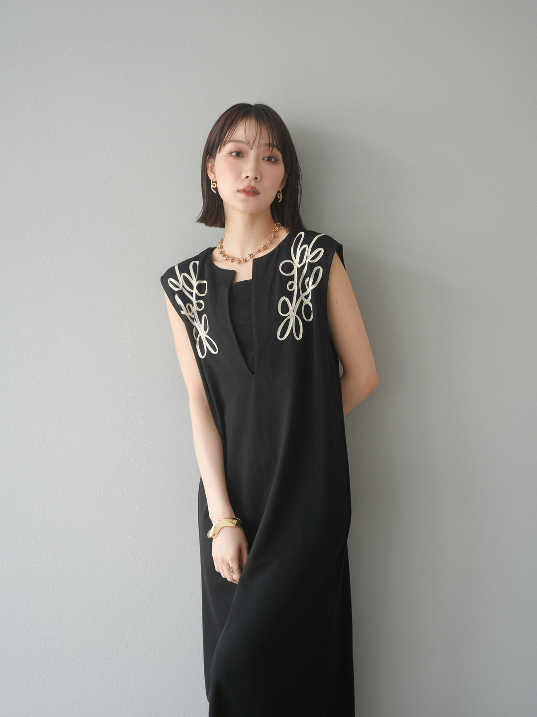 [予約]ライトポンチコード刺繍ワンピース/ブラック