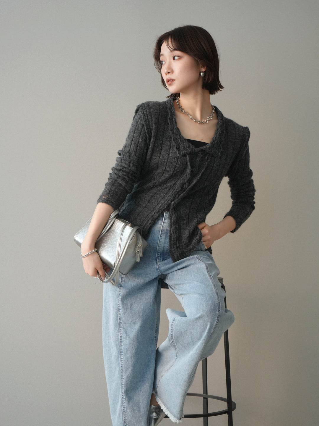 [予約]透かし襟モヘアタッチニットカーディガン/charcoal