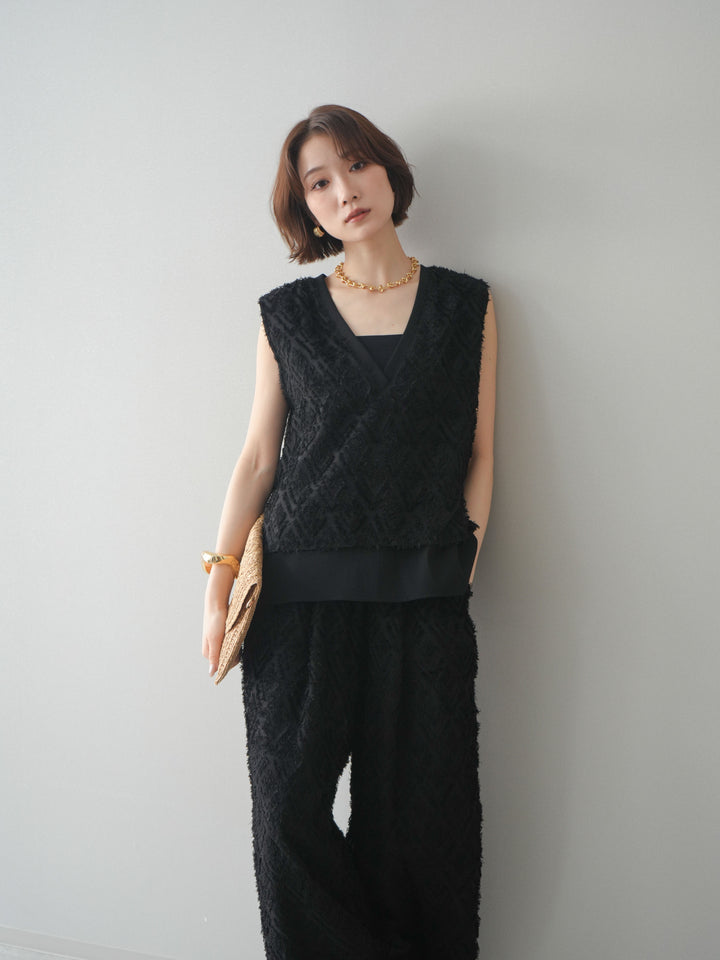 [SET]フリンジレイヤードVネックノースリーブ+フリンジイージーストレートパンツ(2set)