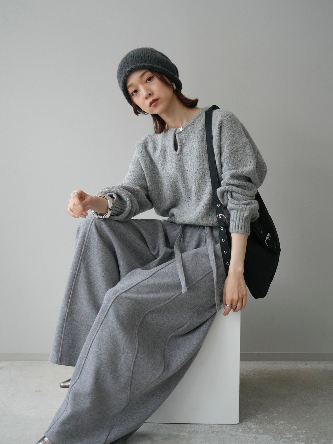 [予約]ツイストネックラメネップヤーンニットプルオーバー/gray