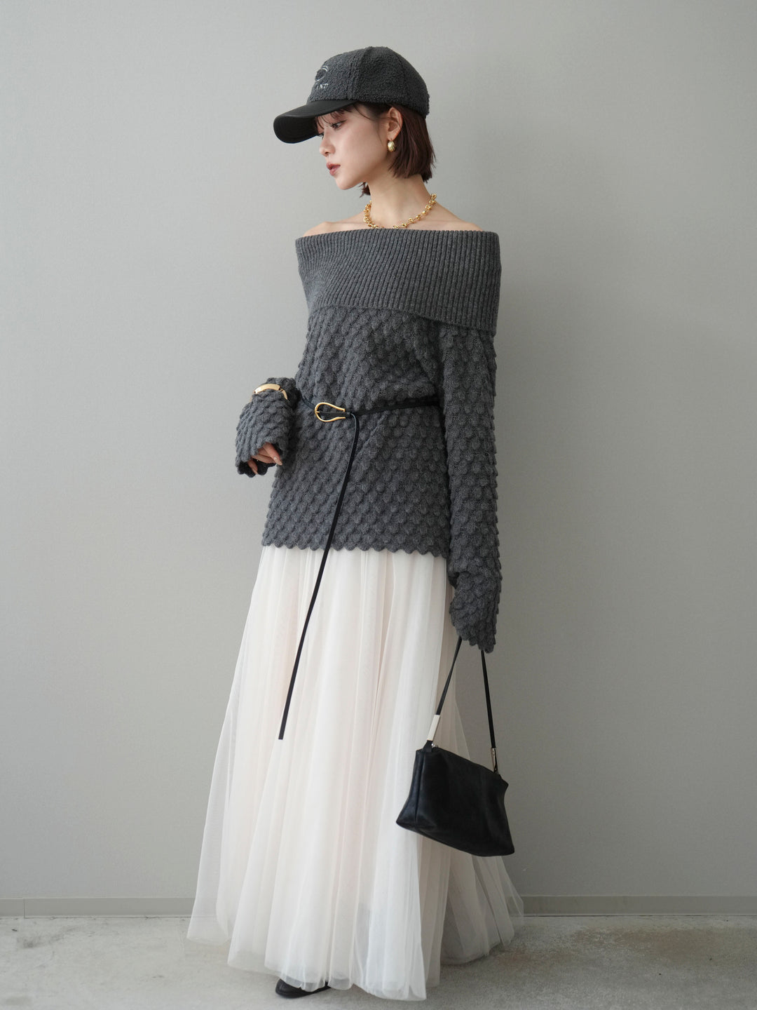 [SET]ポコポコ編みオフショルニットプルオーバー+チュールボリュームスカート(2set)
