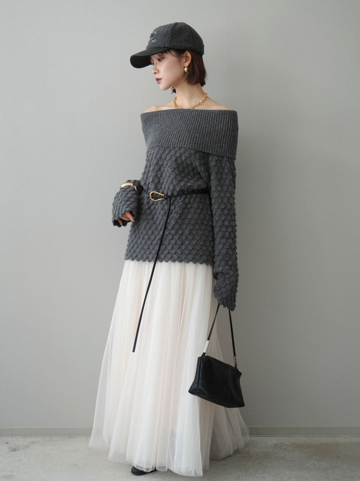 [SET]ポコポコ編みオフショルニットプルオーバー+チュールボリュームスカート(2set)
