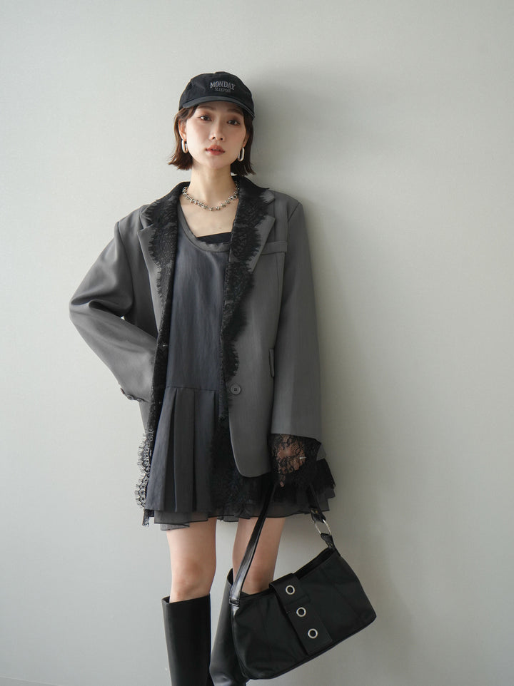 [予約]チュールドッキング裾プリーツミニワンピース/charcoal