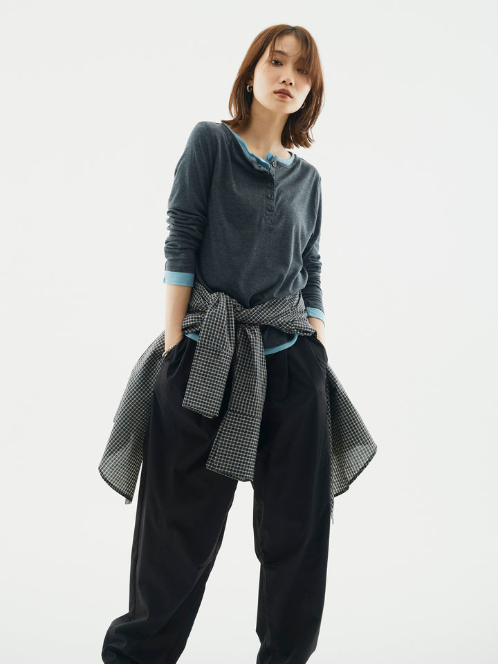 【Allure】[SET]配色レイヤードヘンリーネックトップス+タフタワイドカーブパンツ+チェックBIGカフスオーバーシャツ(3set)
