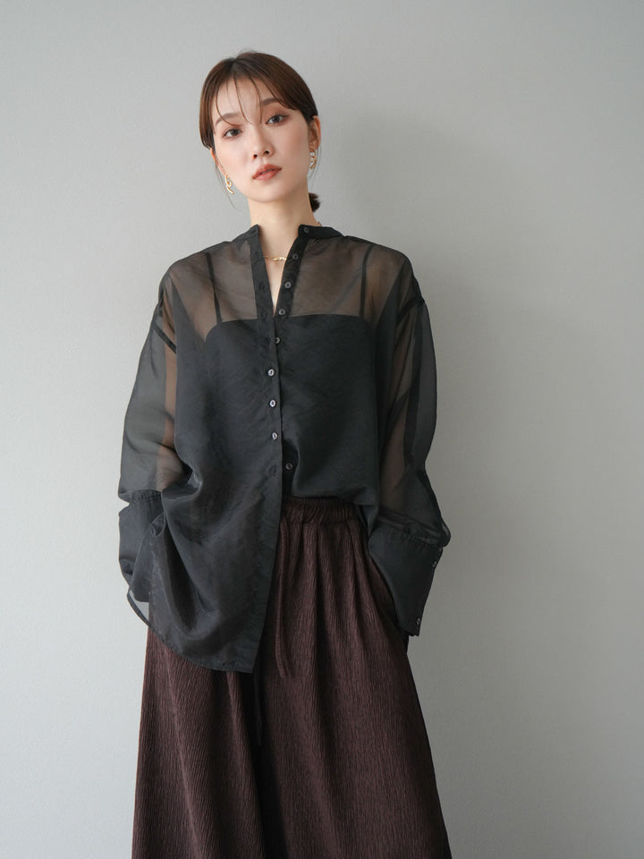 [SET] 亮面透視立領襯衫 + 柳葉寬褲 (2set)